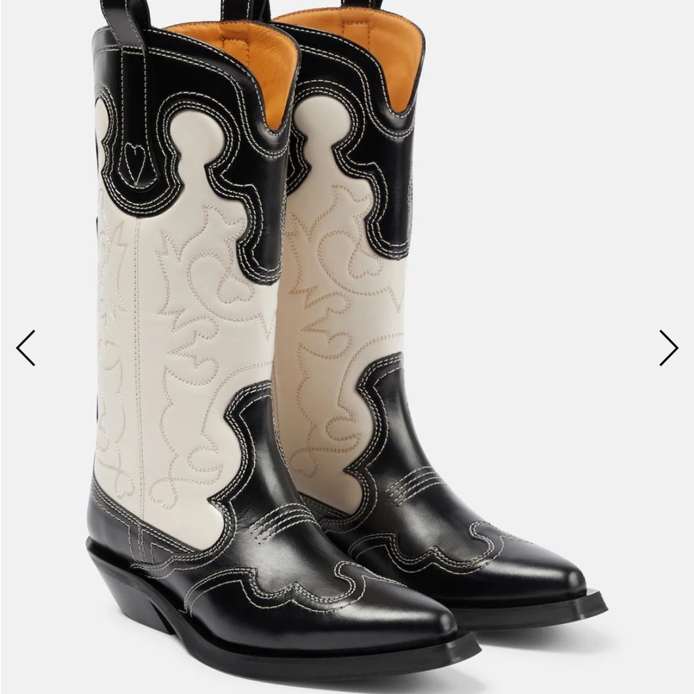 GANNI Black & White Mid Shaft Embroidered Western Boots